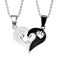 MMTTAO His & Hers Puzzle Heart Matching Set Stainless Steel Couple Pendant Necklace for Men Women Puzzle Heart Cubic Zircinia CZ Charms Pendant Promise Jewelry Gifts, I Love You, 2Pcs(Steel Black)