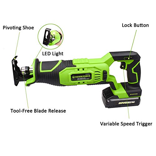 HAWKFORCE 20V Lithium Ion Cordless Reciprocating Saw Kit Variable Speed Trigger with 6 PCS Blades for Wood and Metal Cutting Ideal for Home and Garden (CRS20L)