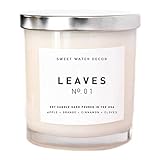 Leaves Natural Soy Wax Candle White Jar Silver Lid Scented Apples Orange Cinnamon Cloves Musk Nectar Fall Made in USA Lead Gluten Free Cotton Wick Modern Rustic Decor Bathroom Accessories Home Autumn