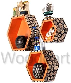 Inception Global, Unique Decorative Orange Hexagon Shape Wooden Wall Mounted Shelf Set of 3 | Storage Wall Shelves Home Decor for Living Room | Honeycomb Shape | Floating Display Hanging Shelves