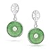 Asian Style Circle Round Donut Good Fortune Fu Character Chinese Symbol Dyed Green Jade Disc Dangle Drop Earrings For Women .925 Sterling Silver