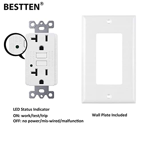 [10 Pack] BESTTEN 20 Amp GFCI Outlet, GFI Outlet with LED Indicator