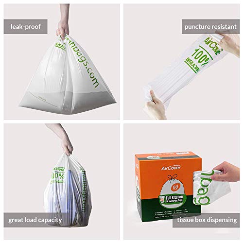 Aircover 13 Gallon Biodegradable Trash Bags, 80 Count Extra Thick 1.2 MIL Recyclable Tall