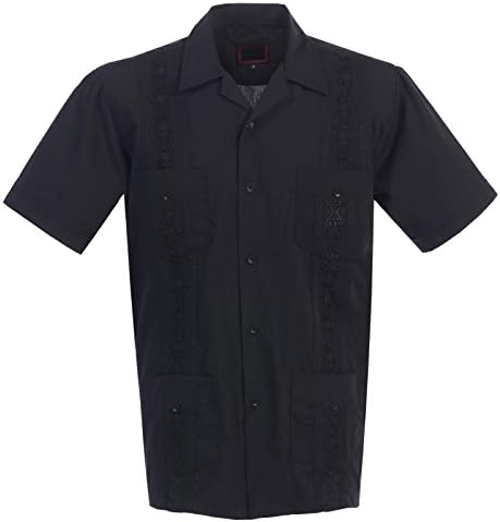 Men’s Stylish Cuban Guayabera Short-Sleeve Shirt Size Small to 5XL – MULTI COLORS (Large, Black)