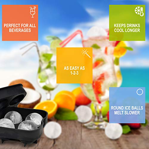 Perlli Ice Ball Maker Mold - Makes 4 Large Round Sphere Balls - Flexible Food Grade Silicone Circular Ice Tray 5 X 5cm Ice Ball Spheres for Drinks Whiskey Bourbon Scotch