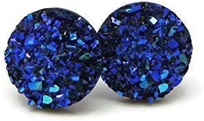 10mm Round Faux Druzy Studs Plastic Post Earrings for Metal Sensitive Ears, Metallic Blue
