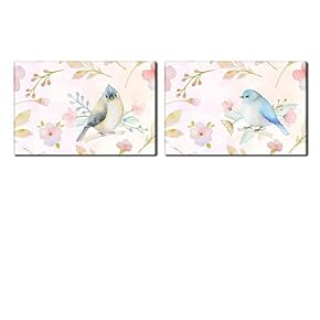 Canvas Wall Art - Watercolor Style Painting of Pink Birds and Floral Patterns - Giclee Print Gallery Wrap Modern Home Art Ready to Hang - 16"x24" x 2 Panels