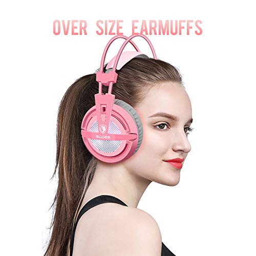SADES USB 7.1 Stereo Wired Gaming Headphones Over-Ear Headset with Mic Voice Control for Laptop Computer Gamer-Pink