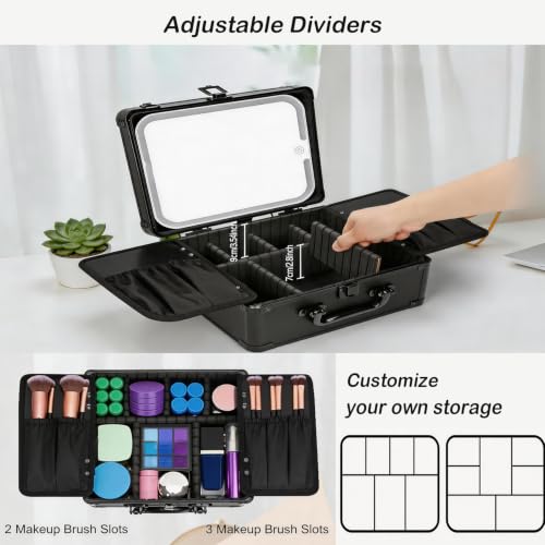 Makeup Bag with LED Mirror, Travel Train Case with Adjustable Dividers, Cosmetic Brush Organizer Storage for Women and Girls, Black 25 * 22 * 13Cm, USB Powered