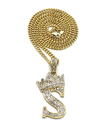 Crown gold rhodium stone initial letters pendant necklace cuban c…