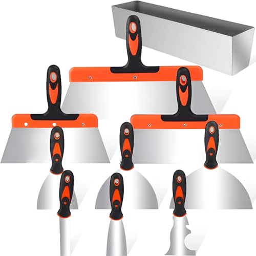 ALKDHDU Juego de espatula resanadora de acero inoxidable de 10 piezas,juego de espatulas pintura que incluye cuchillo para masilla,cuchillo de cinta,raspador de pintor y bandeja de barro，puede pintar