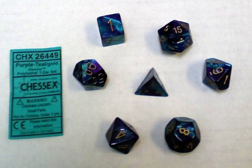 Chessex Polyhedral 7-Die Gemini Dice Set: Purple & Teal with Gold (d4, d6, d8, d10, d12, d20 & d00) CHX-26449