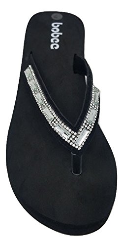Women's Crystal Rhinestone Strap Platform Wedge Thong Flip Flop Summer Beach Sandals (8, Black)