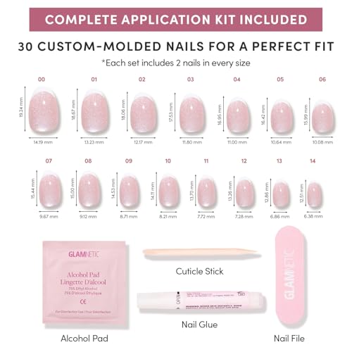 Glamnetic Press On Nails - Angelic Touch | Short Oval Fake Nails in a Delicate Nude Base with White French Tips and a Velvet Finish, Salon Quality | 15 Sizes - 30 Nail Kit with Glue