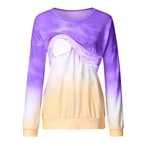 Maternity Nursing Top Shirt,Crytech Fashion Pregnancy Gradient Color Long Sleeve Double Layer Pullover Sweatshirt for Breastfeeding Pregnant Women Trendy Casual Tee Tshirt (X-Large, Purple)