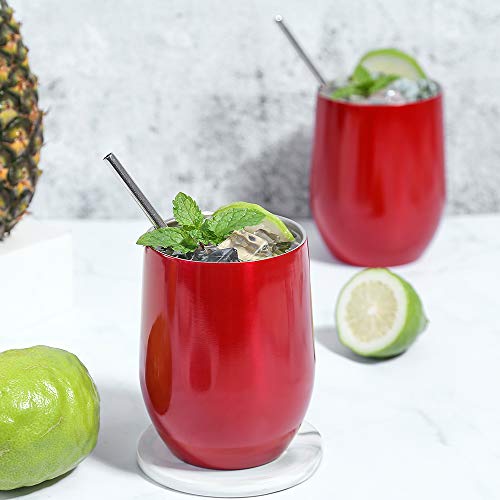 2 Pack 12 oz Wine Tumbler with Lids, Double Wall Vacuum Insulated Stainless Steel Stemless Wine Glass, Travel Coffee Mug Cup for Wine, Drinks, Champagne, Cocktails (Include Straws & Brush) (Red) - Thumbnail 2