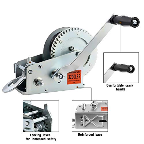 AUXMART 3200lbs Boat Trailer Winch Heavy Duty Hand Winch with 26FT Strap and Hook, 2 Ways Hand Cable Crank Winch for ATV, Boat, Truck, Trailer - Image 2