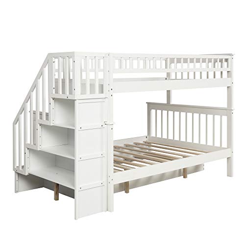 Twin Over Full Bunk Bed with Trundle and Stairs, WeYoung Wood Stairway
