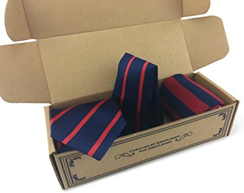 3 Piece Combo - Silk Tie, Pocket Square, &amp; Sock (Navy w/ Red Stipes)