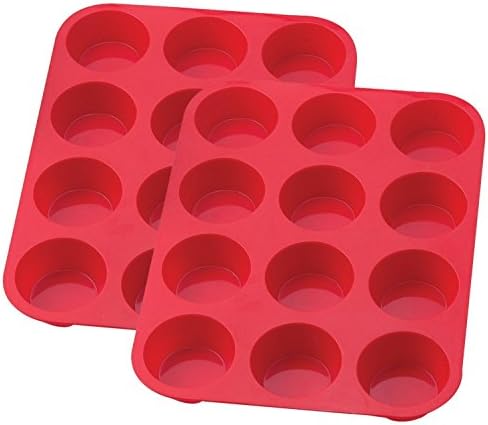 Wolecok Mini Muffin Pans Silicon / Silicone Muffin Tray Cupcake Cake Cases, moulds(12 holes, Red) , Pack of 2