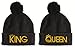 King & Queen, Pom Pom on Top Couple Matching, Warm & Stylish 12 inch Long Beanie When Unfolded