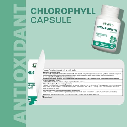 Chlorophyll Capsules - Cold Extracted from Non-GMO Alfalfa - Natural Detox - Alkaline - Natural Body Deodorant - Powerful Antioxidants Source - Made in Canada - Vegan - Non-GMO - 90 pills - 100 mg