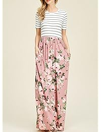 Tecrew Vestido maxi largo con estampado floral a rayas Boho, mangas 3 4, cintura con lazo, con bolsillos