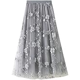 CosSky Womens Foral Tulle Skirt Elastic High Wasit Embroidery Floral Mesh Tutu A-Line Midi Skirts