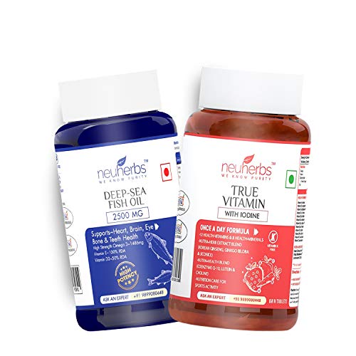 Neuherbs Daily Vitamin Supplement Combo- Multivitamin with zinc, Iodine and vitamin c + Omega-3 Fish Oil Capsules (Deep sea fish oil 2500 mg) : 60 Units each for Men and Women