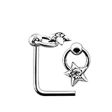 Jeweled Star on Moving Ring 925 Sterling Silver L Shaped Nose Pin - Size 20G(0.8MM) 5mmx5mm