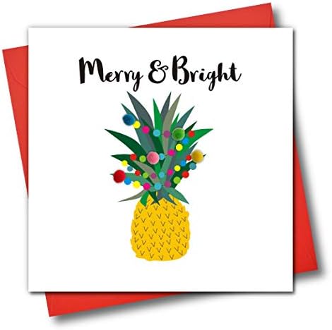 Happy Christmas Card, Pineapple and Fairy Lights Design Xmas Card, Embellished with Colourful Pompoms