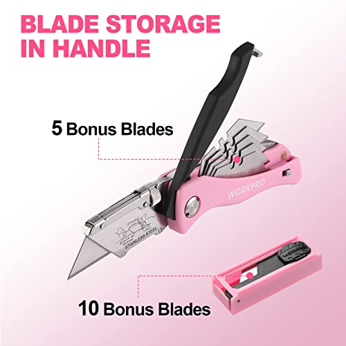 WORKPRO Folding Utility Knife, Quick Change Box Cutter, Pink Razor Knife for Cartons, Cardboard, Boxes with Blade Storage Design, Extra 15 Blades Included