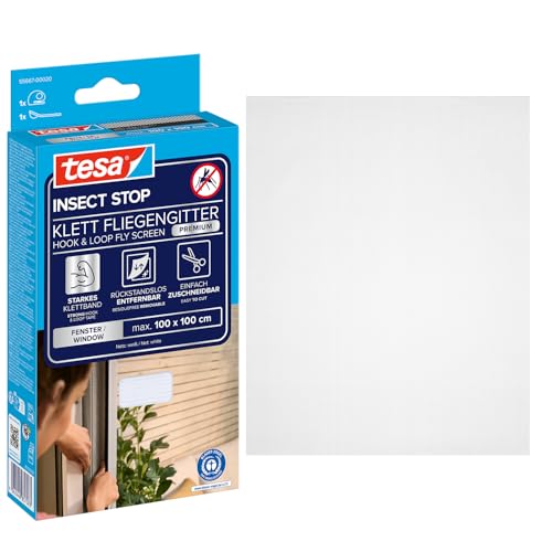 tesa Insect Stop COMFORT for Windows - Window Screen with Self-Adhesive Hook & Loop - Insect Mesh - in White, 100 cm x 100 cm