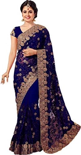 Arohi Designer Women's Net Embroidered Saree with Unstitched Blouse Piece (Peach)