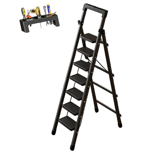 Beauenty Foldable Ladder, 7 Steps Ladder for Home, Anti-Slip Step Stool with Wider Pedal, Tools Holder, Portable Stepladder for Kitchen, Garden, Load-Bearing 150kg (Black)