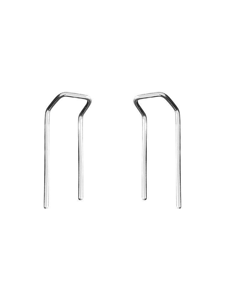 Minimalist Double Piercing Earrings for Women Girls Men S925 Sterling Silver Bar Threader Dangle Drop Stud Safety Pin 2 Hole Lobe Bended Hook Fashion Hypoallergenic Lightweight Jewelry (Silver)