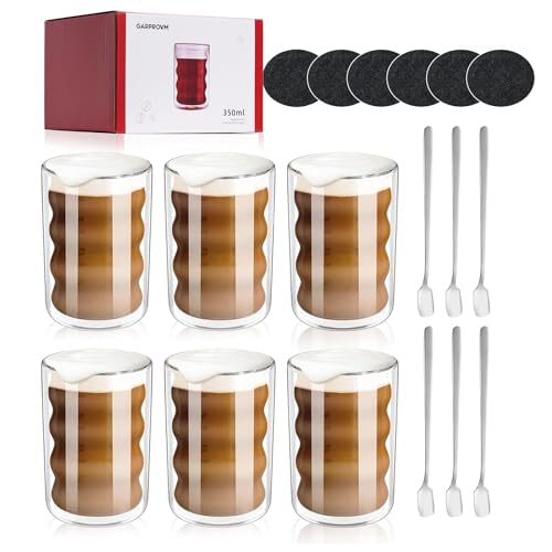 Garprovm Latte Macchiato Gläser, 6Er Set Doppelwandig 350Ml, Spiralförmig Kaffeegläser Espressotassen Kaffeebecher Capuccino-Tassen Teegläser Thermoglas Trinkgläser, 6 Löffel + 6 Untersetzer