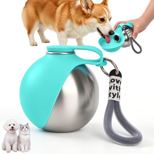 LTFIOON Portable Dog Drinker, 285ml Stainless Steel Dog Water Bottle, Anti-Leak Bottle with Foldable Silicone Bowl, Portable Water Bottle for Walking, Traveling and Camping