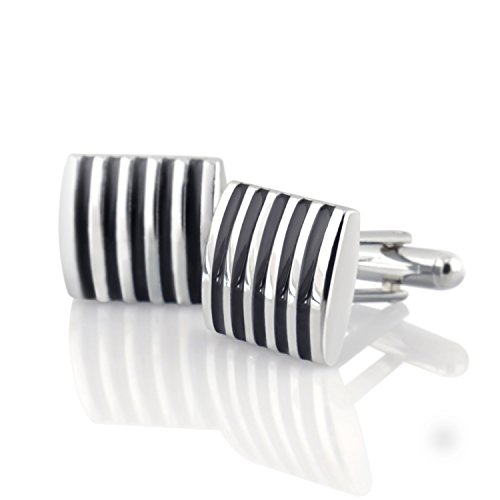 Insten Silver Cufflinks with 5 Black Stripes