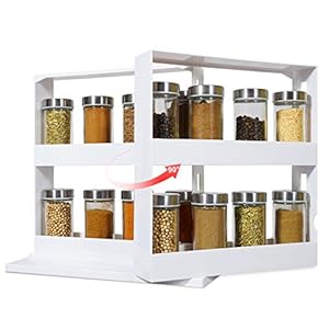 Rotating-Spice-Rack-Plastic-Seasoning-Spice-Jar-Rack-Storage-2-Tier-Pull-Out-Kitchen-Cabinet-Organiser-Slide-Salt-Bottle-Box-Holder-Shelf-Counter-Spice-Stand-Multi-Function-Pantry-Door-Storage-White Rotating Spice Rack Plastic Seasoning Spice Jar Rack Storage 2 Tier Pull Out Kitchen Cabinet Organiser Slide Salt Bottle…
