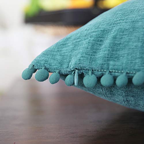 CaliTime Throw Pillow Cases Pack of 2 Cozy Solid Dyed Soft Chenille Cushion Covers with Pom Poms for Couch Sofa Home…