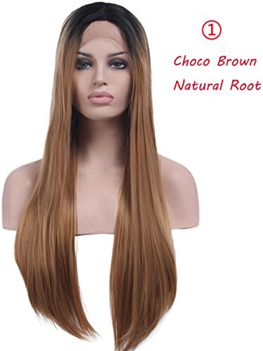 Wakequeen Lace Front Synthetic Wig Chocolate Brown Color with Dark Root Half Hand Tied Heat Resistant Wig 22 Inches