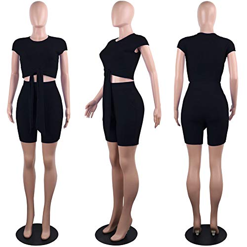 Women Sexy 2 Piece Outfits- Short Pant Set Tie Crop Top Clubwear with Sleeve Pockets Black L