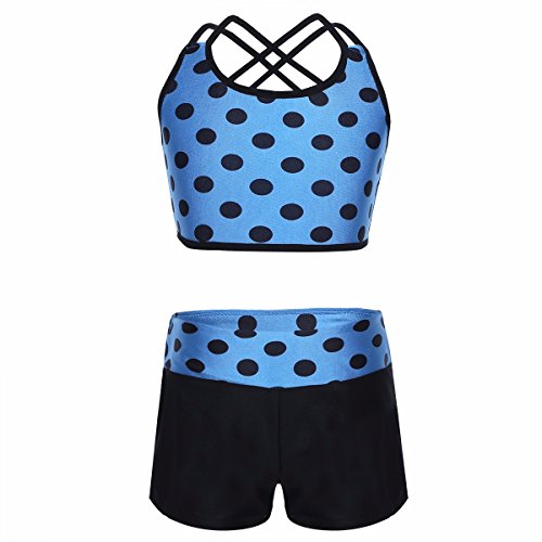 FEESHOW Kids Girls 2 Piece Active Dance Sports Bra Crop Tank Top with Shorts Bottoms Gymnastic Leotard Outfit Set Blue 10