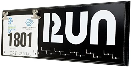 Running Medal Display Rack and Bib Holder, Beautiful Handcrafted Wood Sign, Wall Mounted, 22" x 7", 11 Hooks, Holds Up to 30+ Medals, RUN, Black