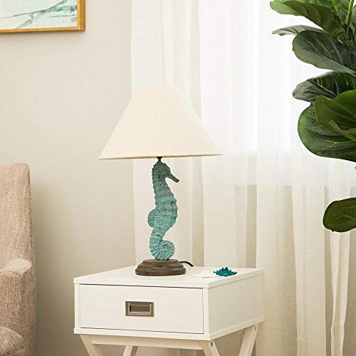 Glitzhome-2028H-Table-Lamp-Farmhouse-Rustic-DesignTraditional-Elegant-Polyresin-Seahorse-and-Wooden-Base-with-Neutral-Lampshade-SoftAmbient-Lighting-Perfect-for-Living-RoomOffice-Green