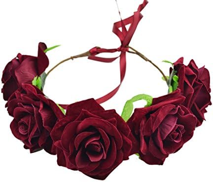 Kewl Fashion Women's Rose Flower Crown Wedding Festival Headband Hair Garland for Wedding Festivals (Burgundy Wreath)