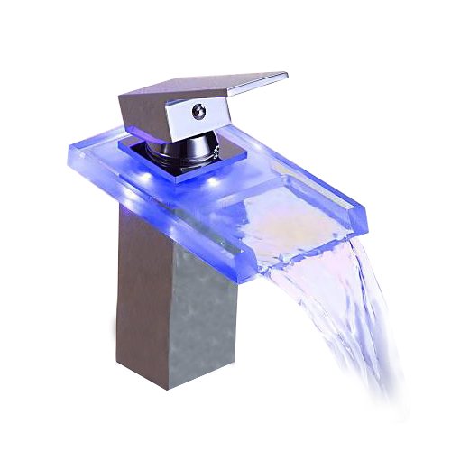 Wovier LED Waterfall Glass Basin Mixer Tap, Single Handle Single Hole Bathroom Sink Faucet,Chrome Finish