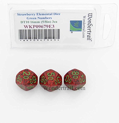 Strawberry Elemental Dice Green Numbers DT10 16mm Pack of 3 Wondertrail WKP09679E3