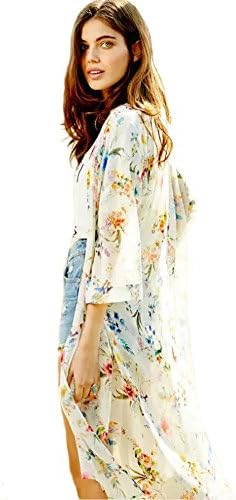Summer Chiffon Blouse Cardigans Tops for Women Long Beach Bikini Cover Up Sexy Fashion Flower Print Half Sleeve Beige Casual Elegant
